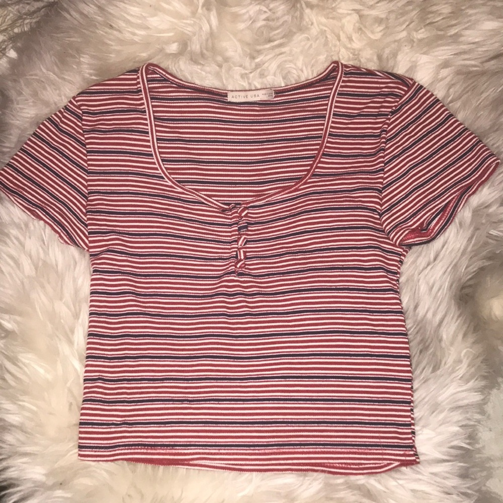 Striped crop button front tee